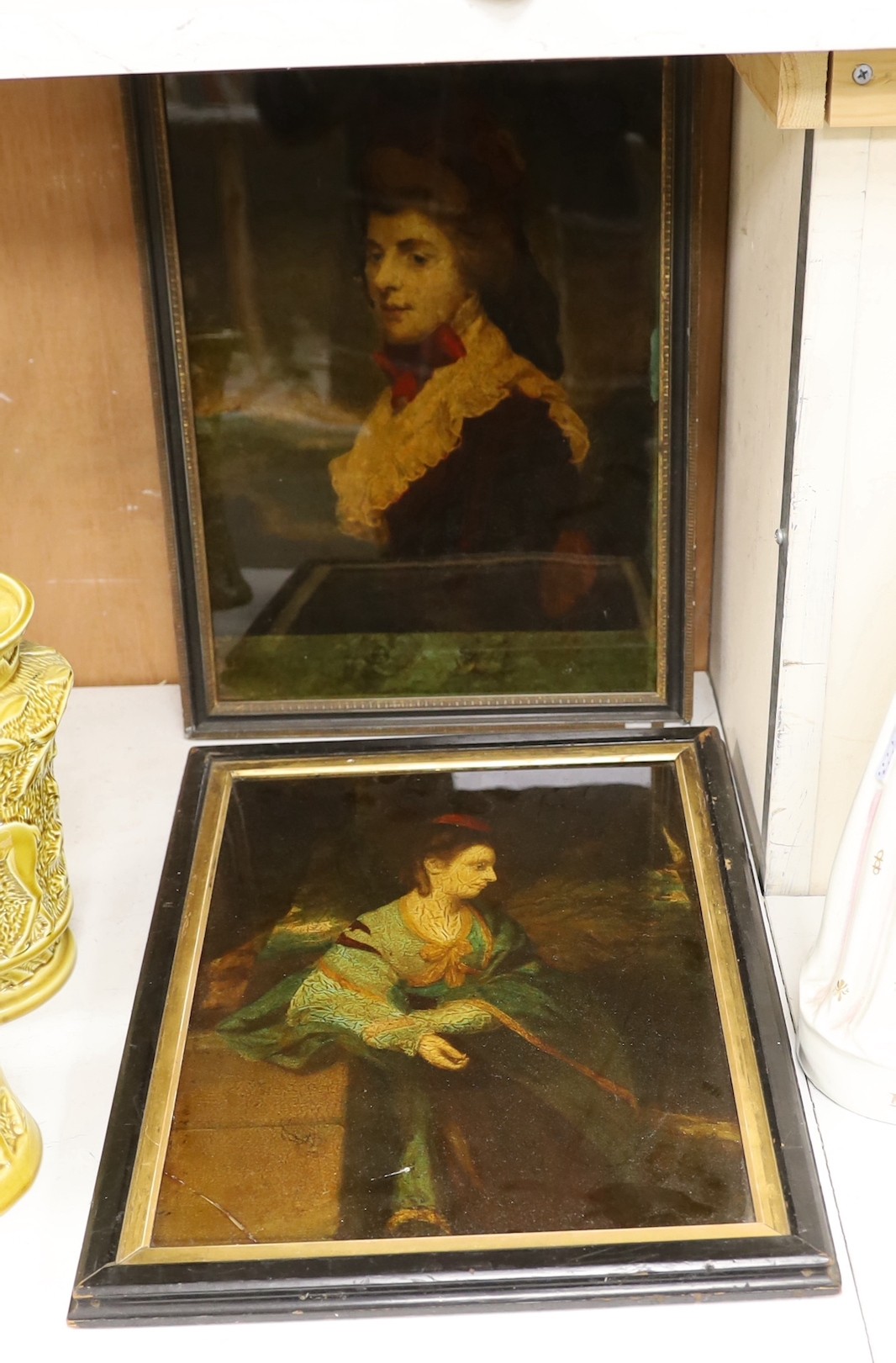 Two 19th century reverse prints on glass, 'Teresa.. daughter of Lord Grantham' and Lady after Reynolds, 37 x 26cm and 37 x 28cm